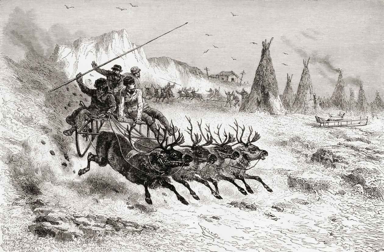 Samojeder från Caborova på en släde dragen av renar, 1878 av Edouard Riou