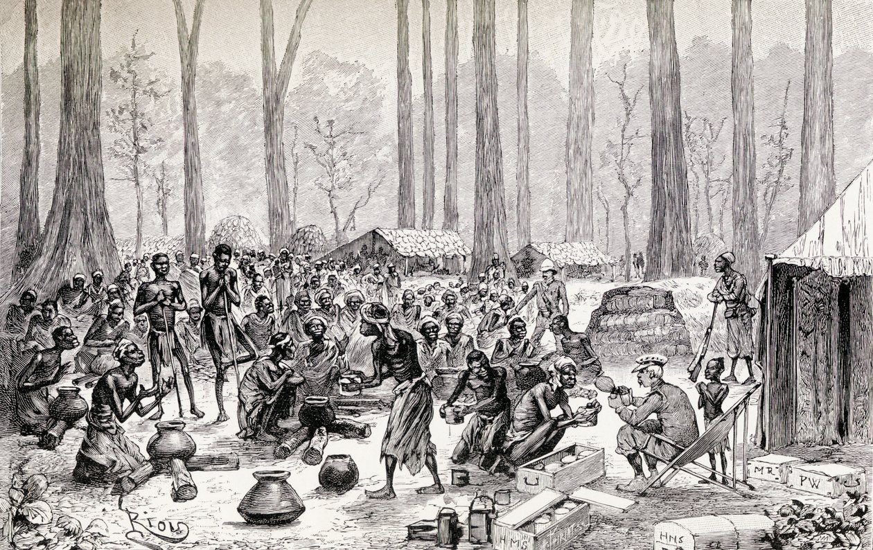 Scouter som serverar mjölk och smör för buljong till svältande pygméer, 1890 (trägravyr) av Edouard Riou