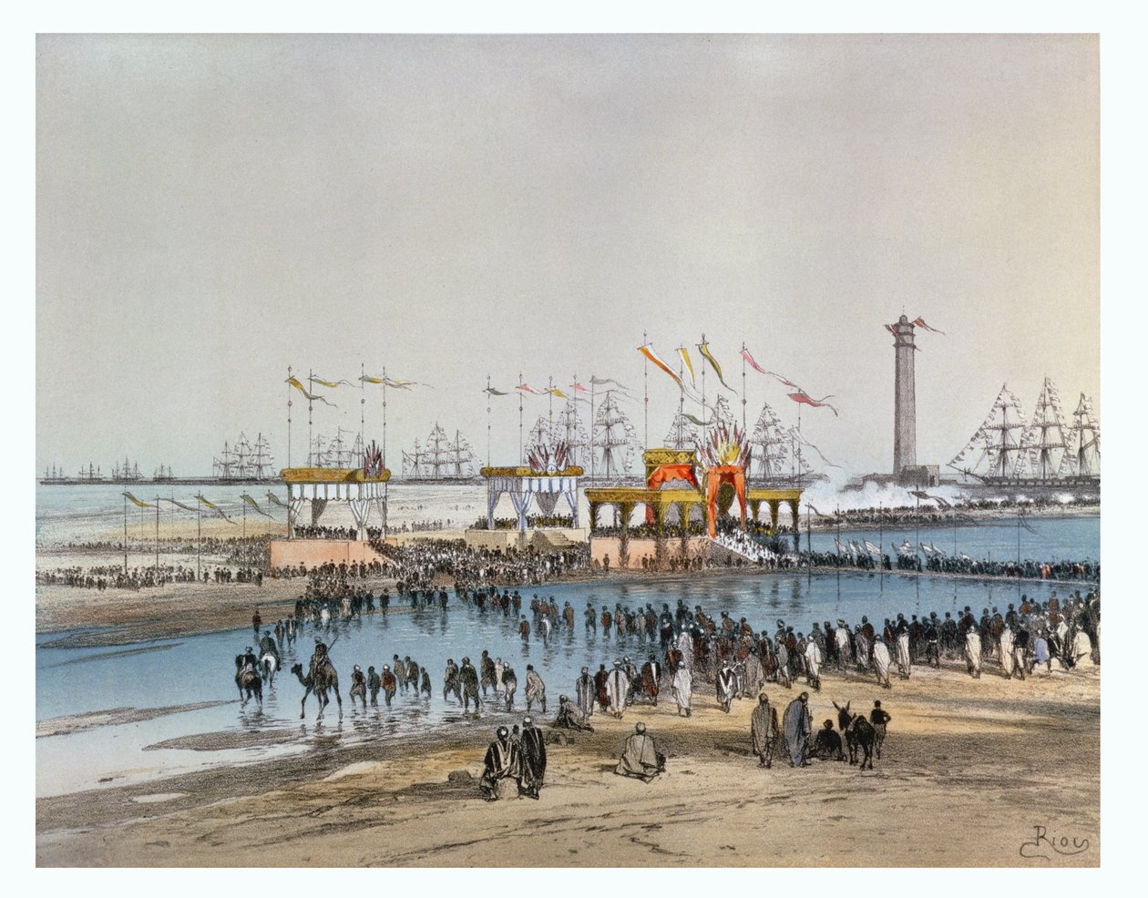 Te Deum i Port Said vid invigningen av Suezkanalen av kejsarinnan Eugenie 1869, graverat av Jules Didier (1831-ca.80) (se originalet wc 82990) av Edouard Riou