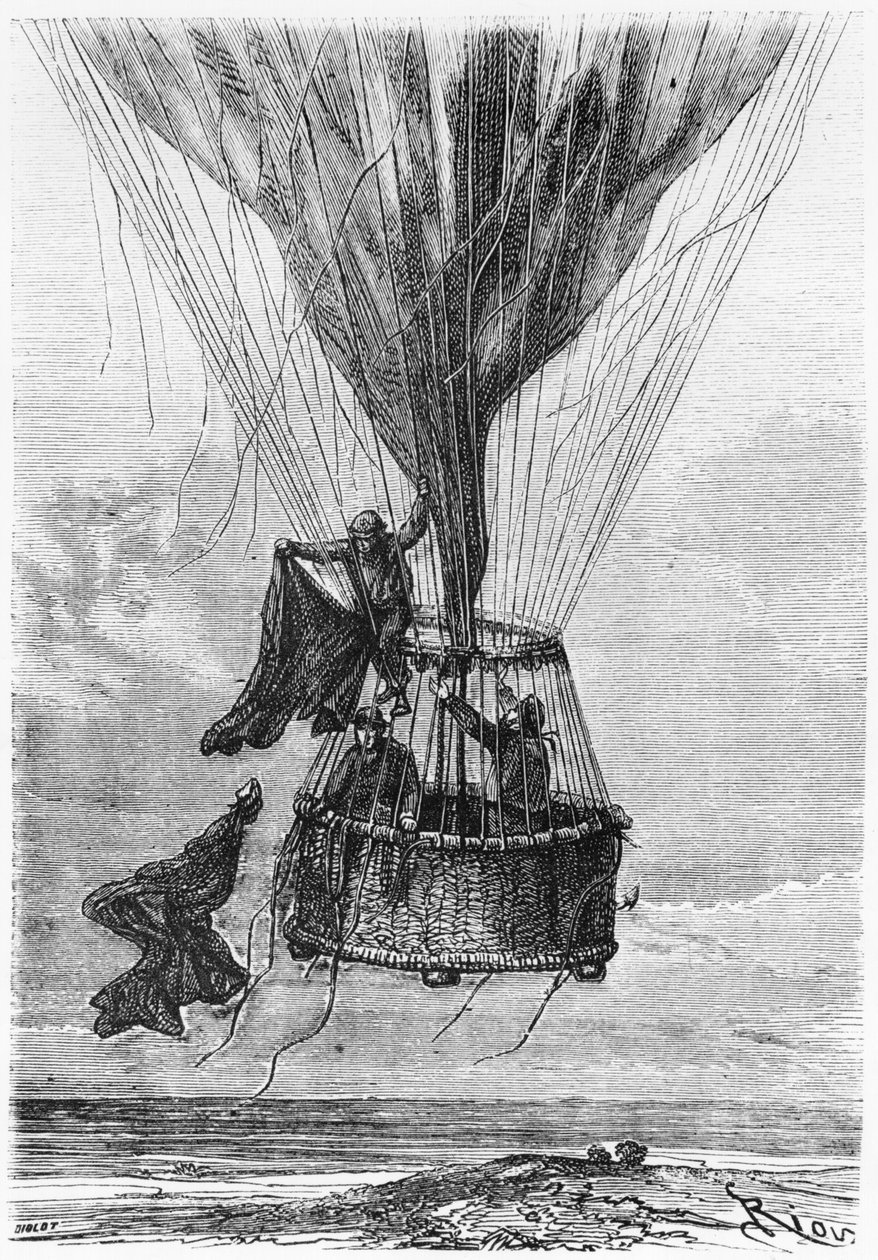 Tre män i en gondol, illustration från "Fem veckor i en ballong" av Jules Verne (1828-1905) av Edouard Riou