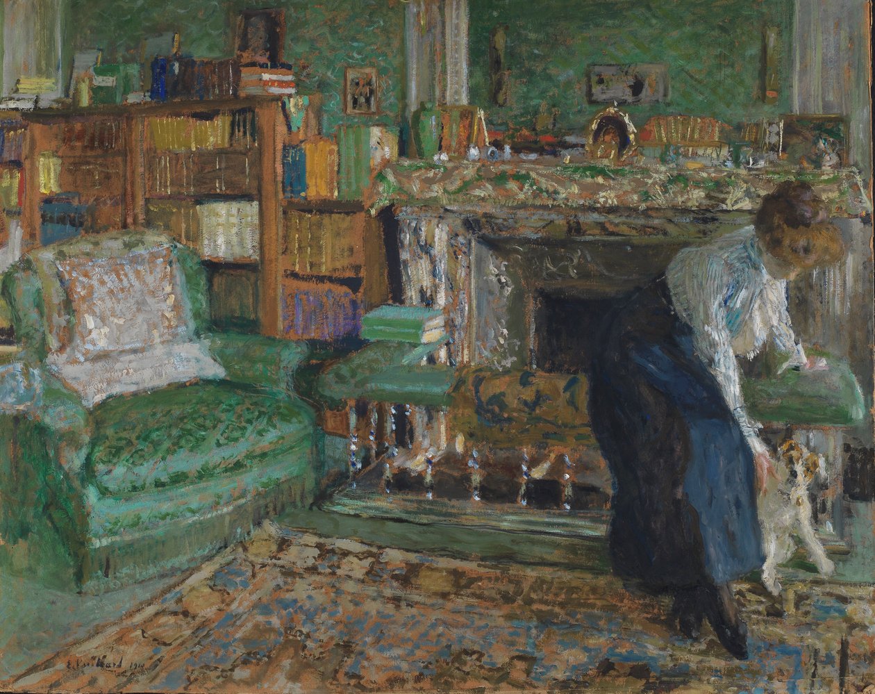 Marguerite Chapin i sin lejlighed med sin hund, 1910 (olie på møllebræt) svensk av Edouard Vuillard