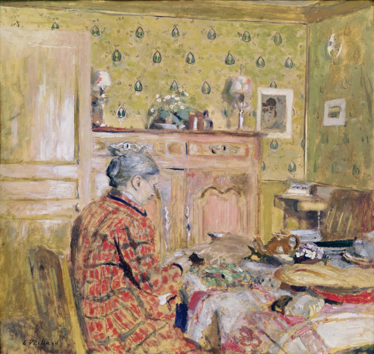 Konstnärens mamma tar frukost, 1899-1904 (olja på kort) av Edouard Vuillard