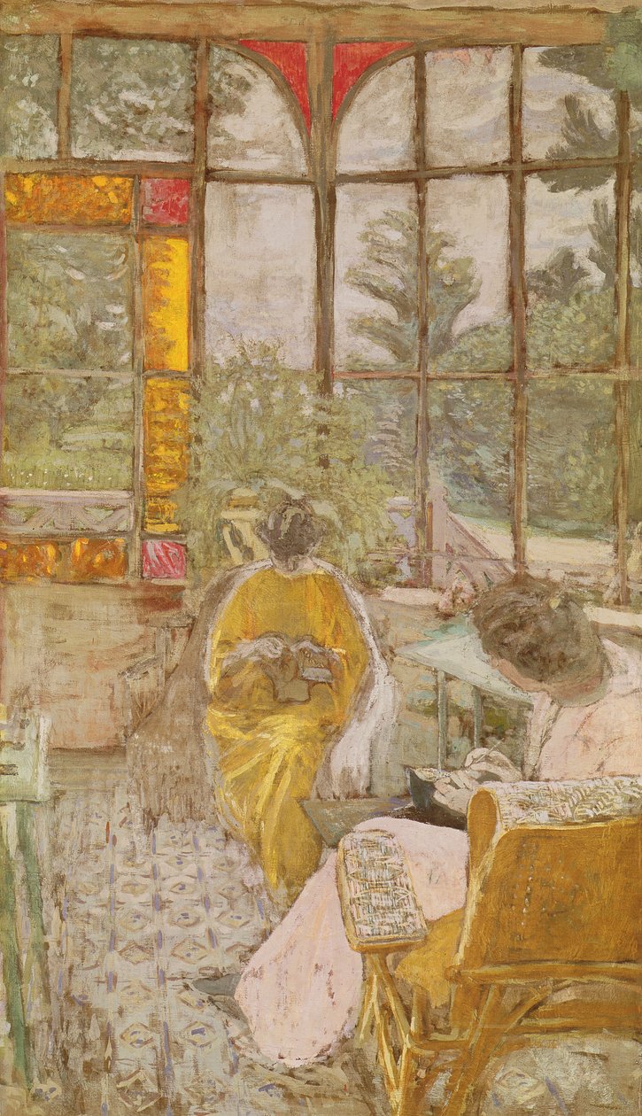 Två kvinnor broderar på en veranda, 1913 (tempera på duk) av Edouard Vuillard