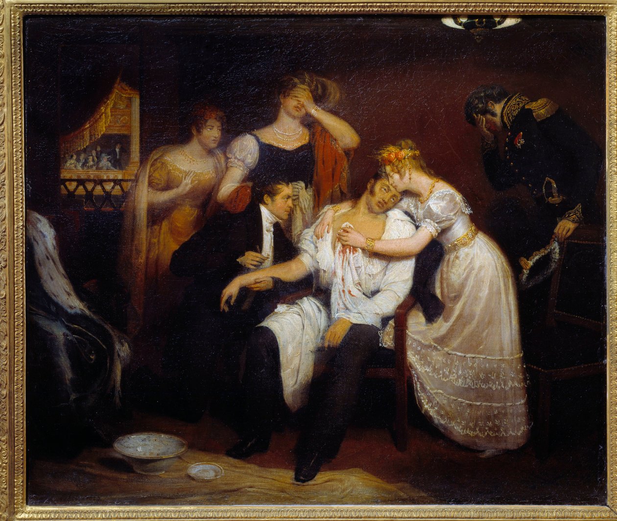 Hertigen av Berrys död (1778-1820) 13/02/1820 vid Royal Academy of Music. Brorson till kung Ludvig XVIII mördades på operan av Louvel, en republikan som ville släcka den kungliga dynastin. Målning av Francois Cibot (1799-1877) 1829 sön. 0,4 av Edouard  Cibot
