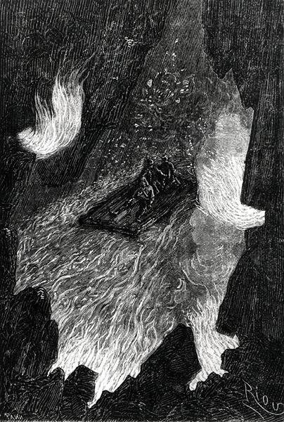 Flotten böljade på vågor av lava, illustration från "Voyage au centre de la terre" av Jules Verne (1828-1905), graverad av Pannemaker, utgiven av J.Hetzel (engravind) (sv/v foto) av Edouard (after) Riou