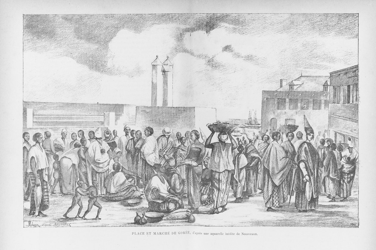 Market Place at Goree, illustration från "Cote Occidentale d"Afrique..." av Henri Frey, 1890 av Edouard Auguste Nousveaux