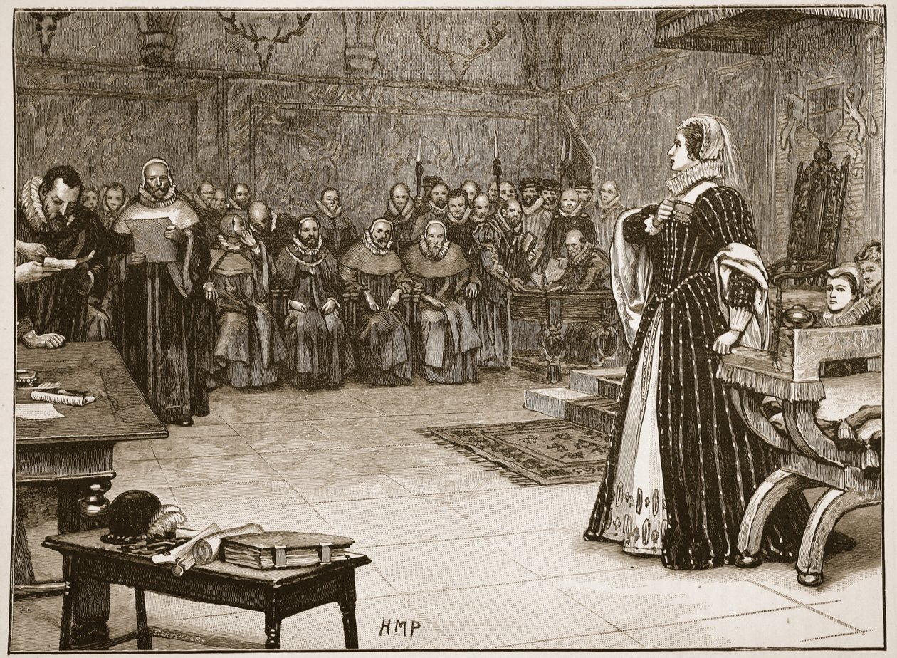 Rättegång mot Mary Queen of Scots i Fotheringhay Castle, illustration från "Cassell