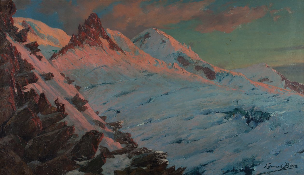 Två bergsklättrare anländer till Les Grands Mulets (Mont-Blanc-massivet) (olja på kartong) av Edouard Brun
