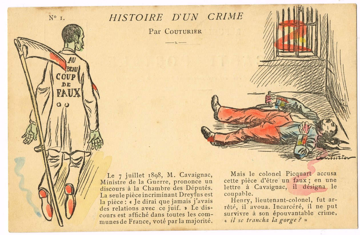 Vykort, satiriskt i färger: Dreyfus-affären - Henry Colonel Illustration av Couturier (1869-1935) av Edouard Couturier