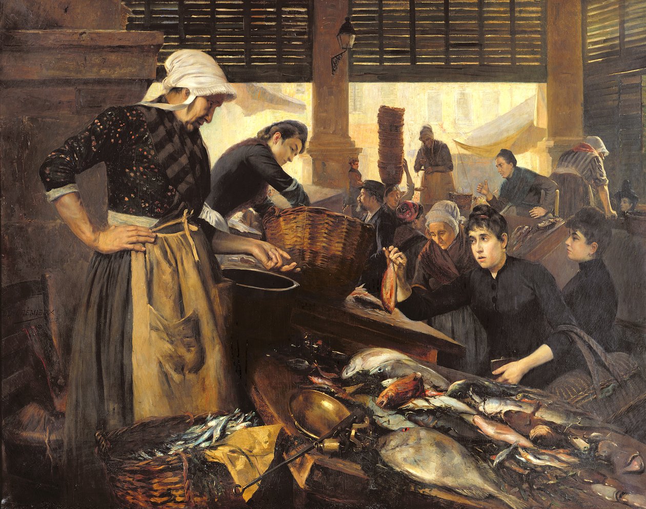 Fiskmarknaden i Halle Delacroix, 1889 av Edouard Cremieux