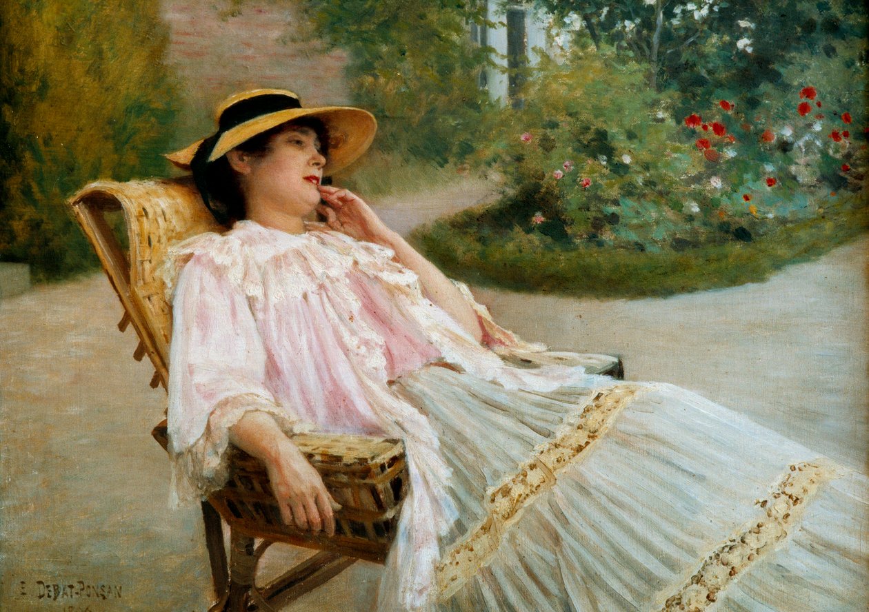 Tuppluren Madame Edouard Debat Ponson på terrassen. Målning av Edouard Debat Ponsan (1847-1913) av Edouard Debat Ponsan