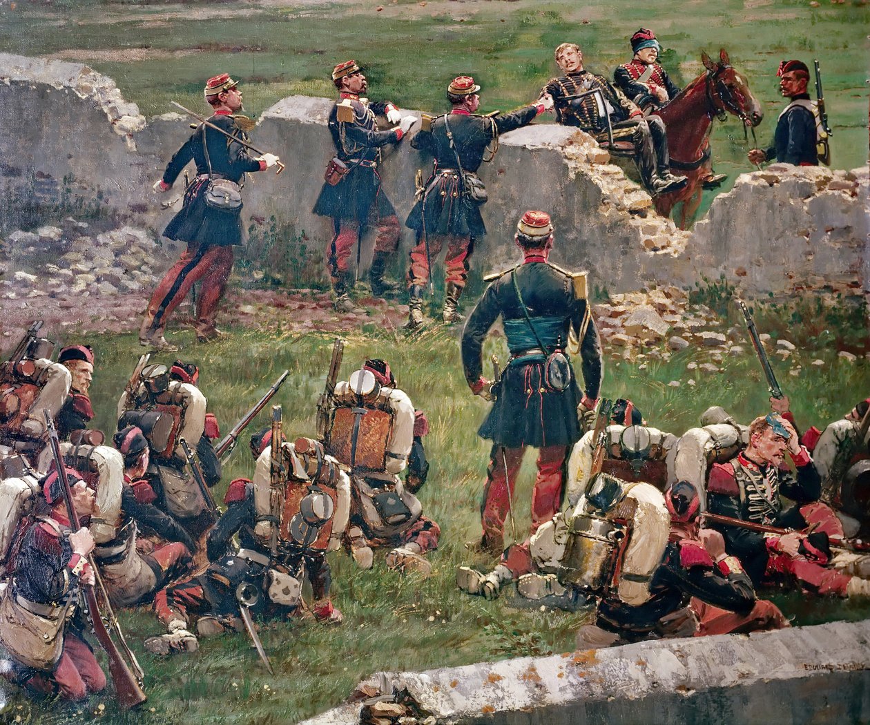 Kväll för slaget vid Rezonville Gravelotte. Det kejserliga gardets grenadjärer i vila, 16 augusti av Jean Baptiste Edouard Detaille