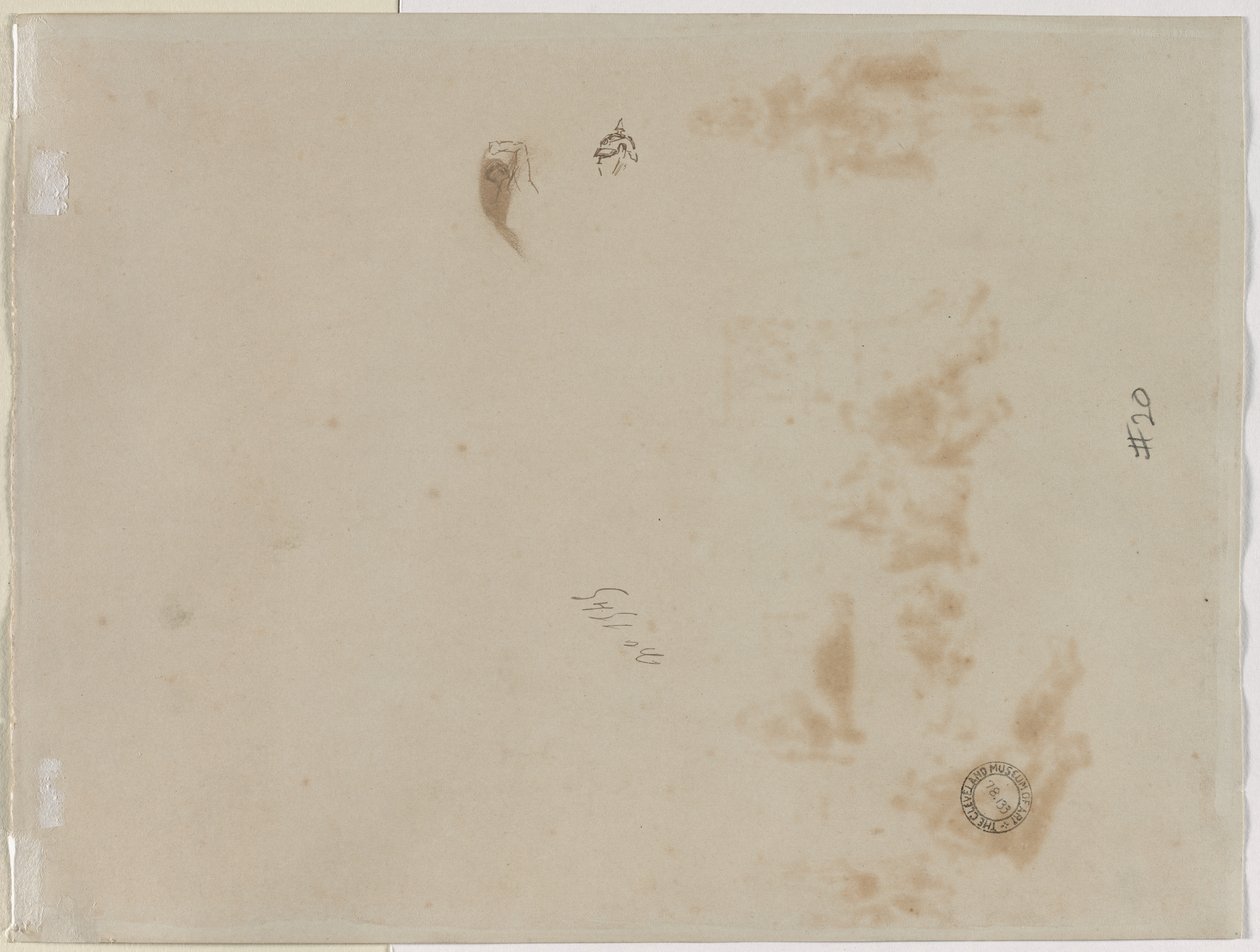 Skiss av en man med upphöjd arm och skiss av en hjälm, 1878. av Jean Baptiste Edouard Detaille