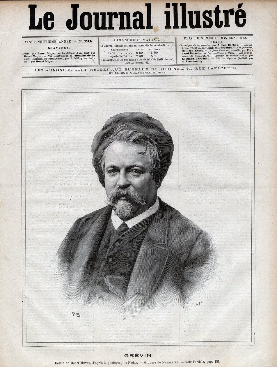 Alfred Grevin (1827-1892) skulptör, serietecknare, serietecknare, serietecknare och designer av franska teaterkostymer - Gravyr av Navellier efter Nadars foto i "The Illustrous Journal" från 1892 av Edouard Felicien Eugene Navellier
