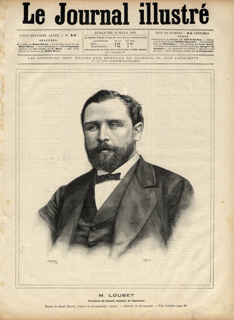 Emile Loubet (1836-1929) 1892 (rådets ordförande - inrikesminister) Gravyr av Navellier i "The Illustrous Journal" från 1892 av Edouard Felicien Eugene Navellier