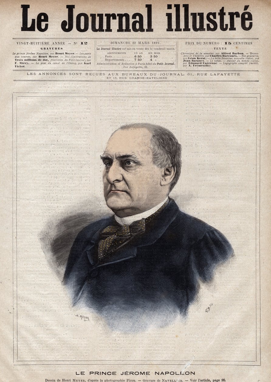 Jerome Bonaparte dit Plon (Plonplon) (1822-1891) (Napoleon-Jerome Bonaparte eller Prins Jerome Napoleon), son till Jerome Bonaparte (1784-1860) - Gravyr av Navellier i "The Illustrous Journal" från 1891 av Edouard Felicien Eugene Navellier