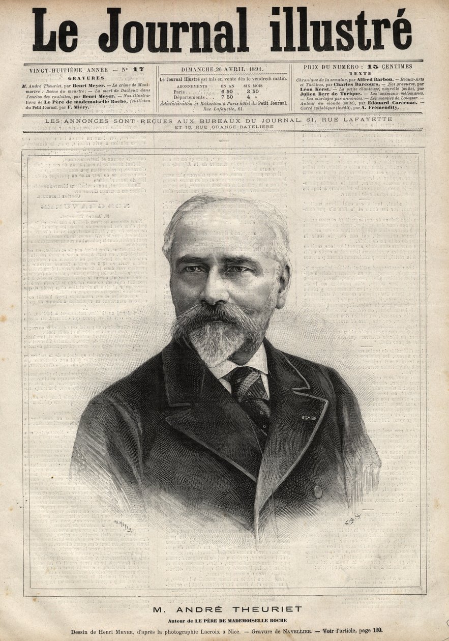 Porträtt av Andre Theuriet (1833-1907), fransk romanförfattare, poet och akademiker - Gravyr av Navellier i "Le journal illustrious"" från 1891 av Edouard Felicien Eugene Navellier