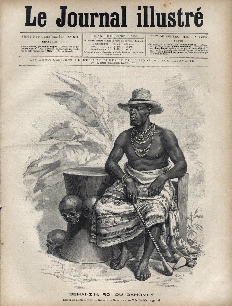 Porträtt av Behanzin (1844-1900), kung av Dahomey (Benin) - Gravyr av Navellier i "The Illustrous Diary"" från 1892 av Edouard Felicien Eugene Navellier