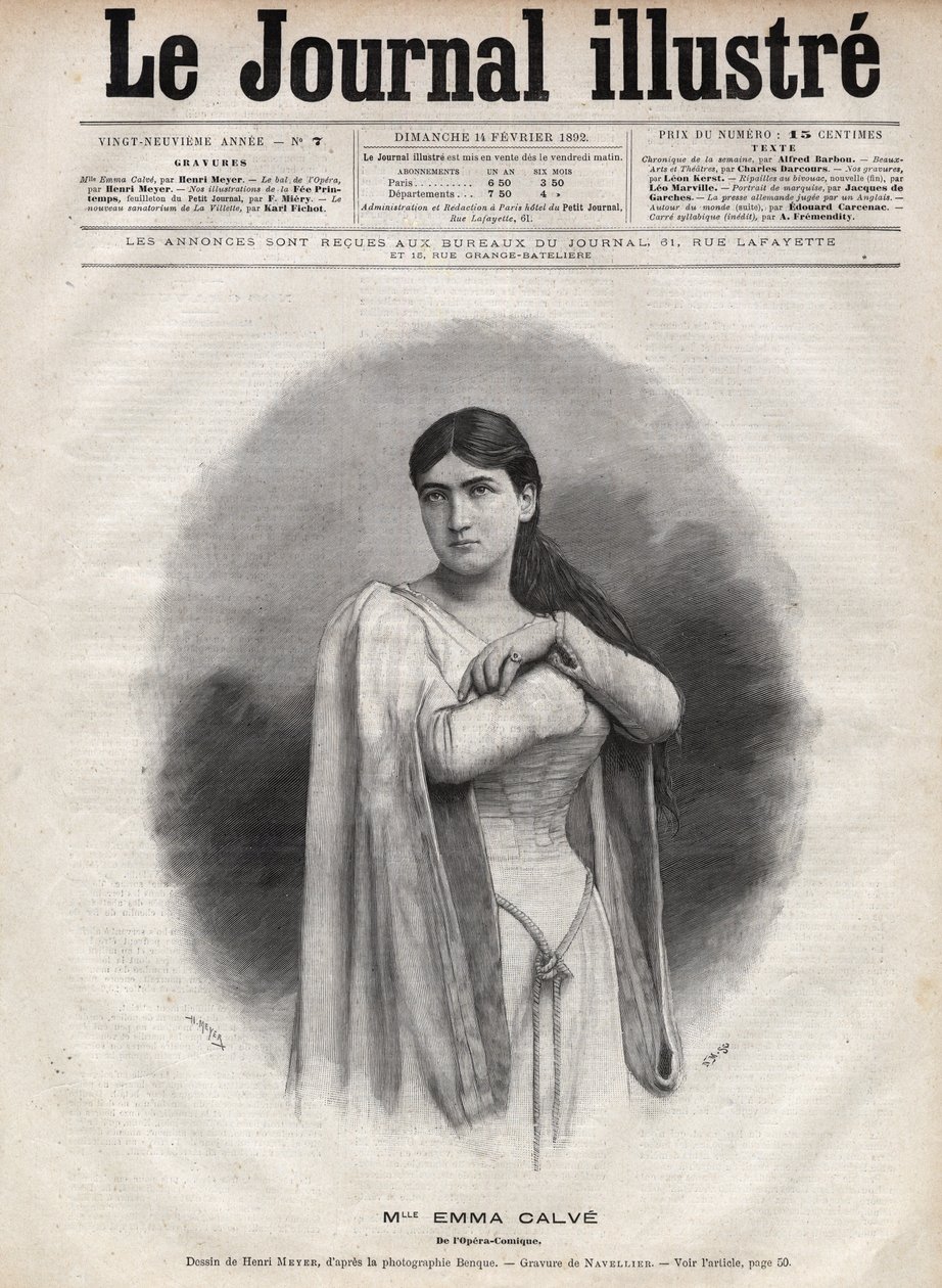 Porträtt av Emma Calve (Rosa Noemie Emma Calvet de Roquet, dit) (1858-1942), fransk sopran - Gravyr av Navellier i "The Illustrous Journal" från 1892 av Edouard Felicien Eugene Navellier