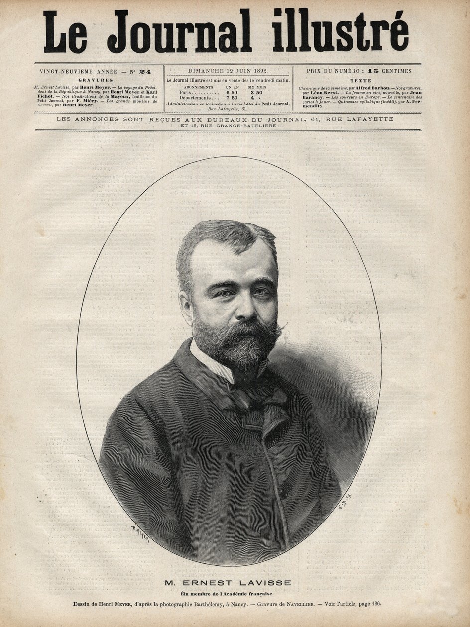 Porträtt av Ernest Lavisse (1842-1922), fransk historiker och akademiker - Gravyr av Navellier i "Le journal illustrious"" från 1892 av Edouard Felicien Eugene Navellier