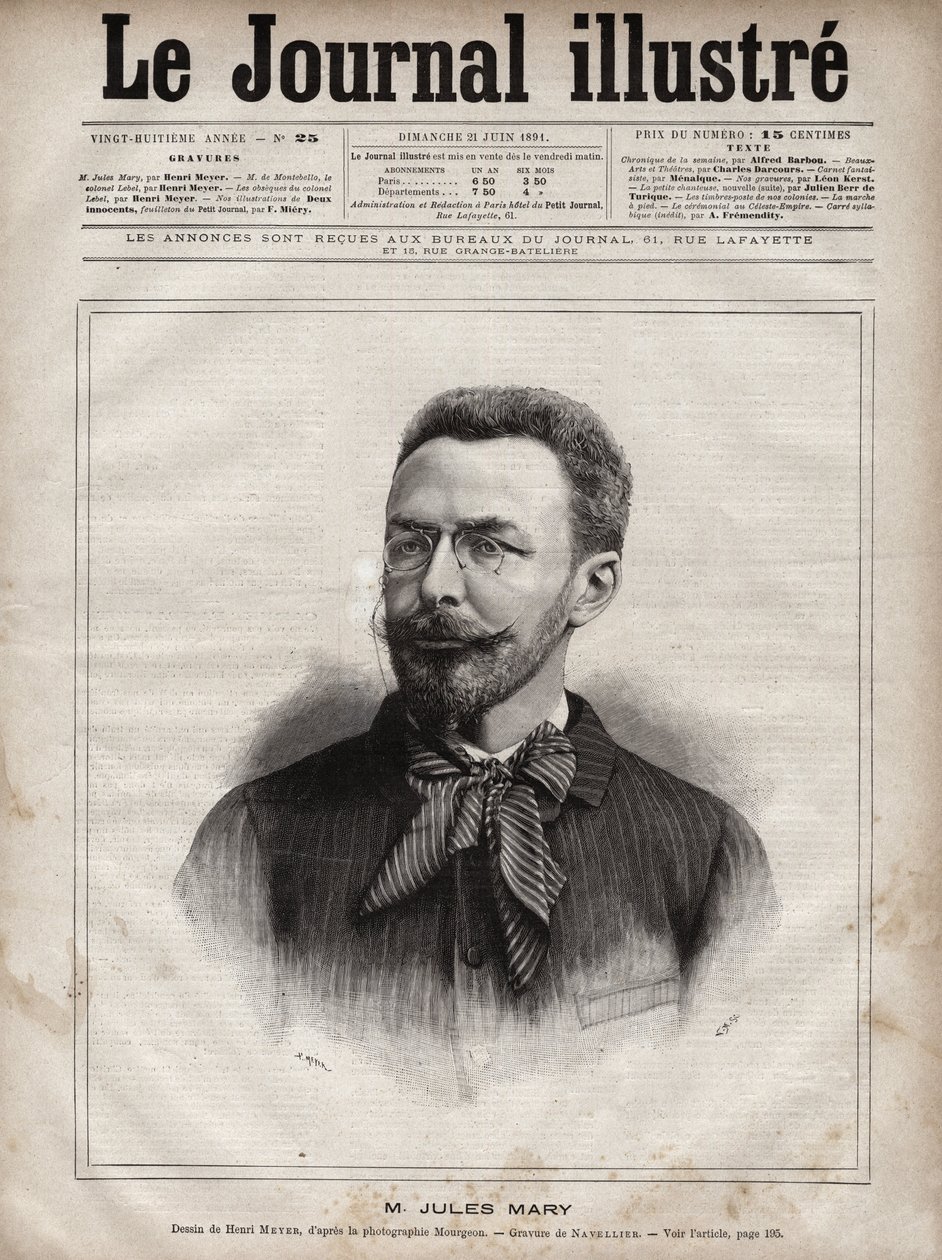 Porträtt av Jules Mary (1851-1922), fransk författare - Gravyr av Navellier i "The Illustrous Journal" från 1891 av Edouard Felicien Eugene Navellier