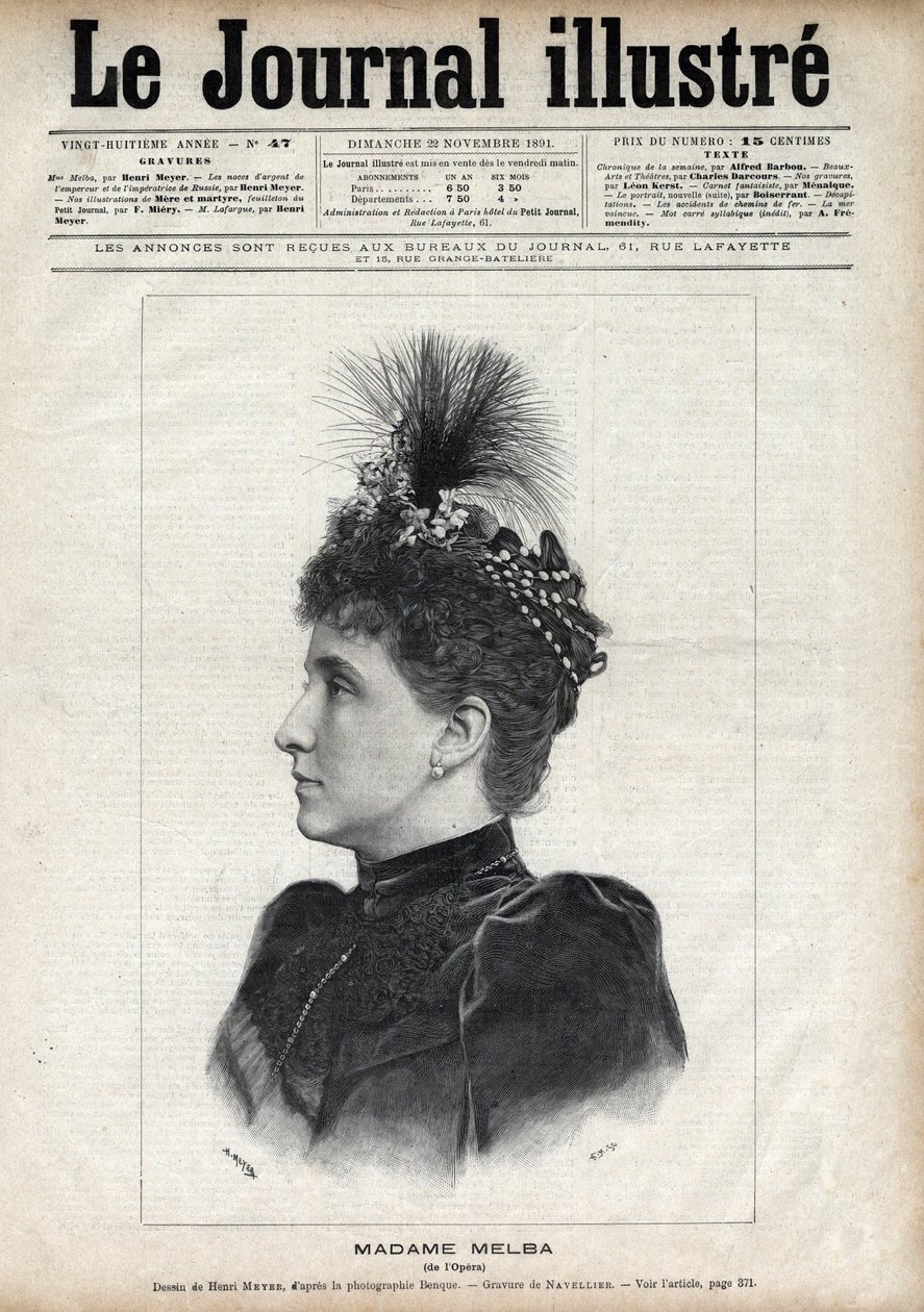 Porträtt av Nellie Melba (Helen Porter Mitchell, dit) (1861-1931), australiensisk sopran - Gravyr av Navellier i "The Illustrous Journal" från 1891 av Edouard Felicien Eugene Navellier