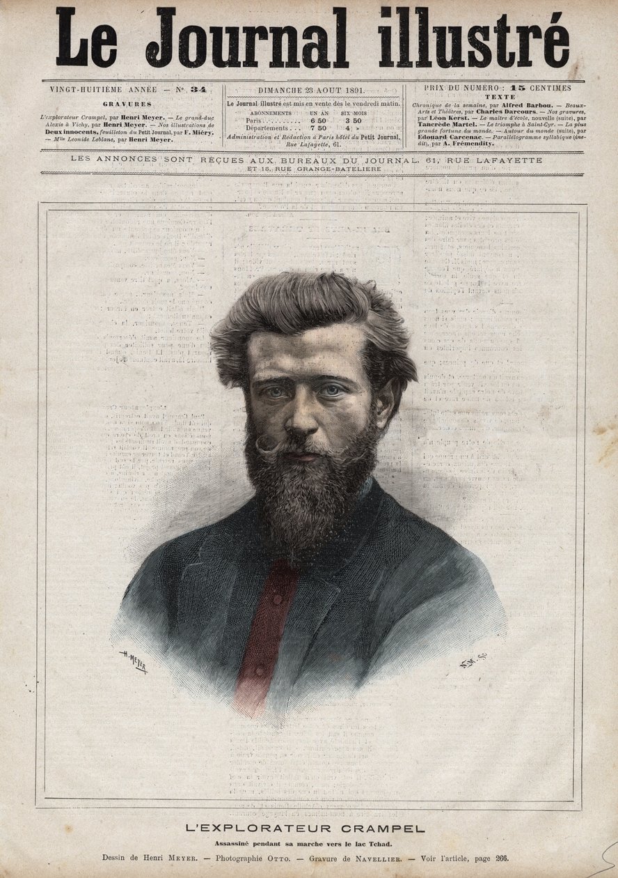 Porträtt av Paul Crampel (1864-1891), fransk upptäcktsresande i Centralafrika - Gravyr av Navellier i "The Illustrous Diary" från 1891 av Edouard Felicien Eugene Navellier