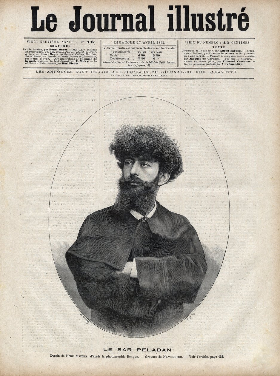 Sar Merodack Josephin Peladan, pseudonym för Josephin Peladan (1858-1918) fransk författare och ockultist - Gravyr av Navellier i "The Illustrous Journal" från 1892 av Edouard Felicien Eugene Navellier