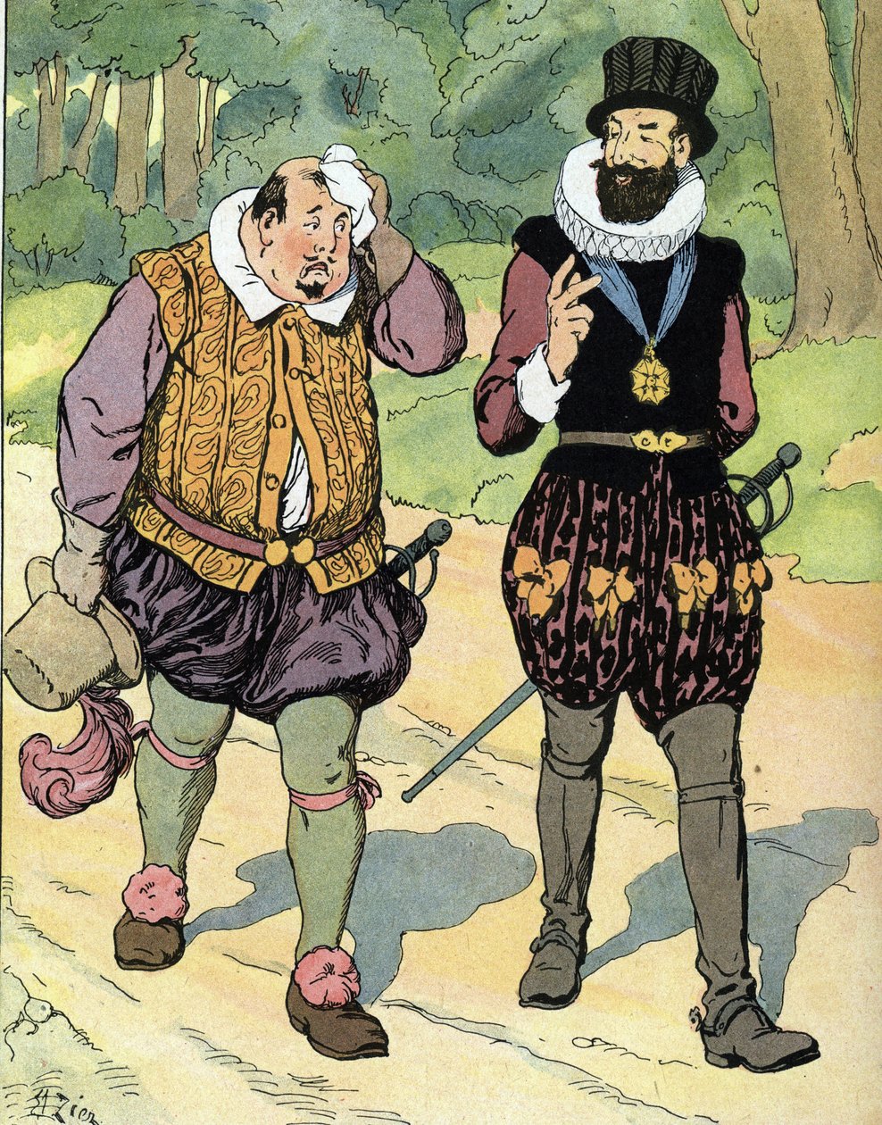 Kung Henrik IV (1553-1610) och Karl II hertig av Mayenne (1554-1611) (Kung av Frankrike Henri IV och Karl av Lorraine, hertig av Mayenne) Illustration av Edouard Zier i "" Our-glories-nationales"" 1920 Privat samling av Edouard Francois Zier