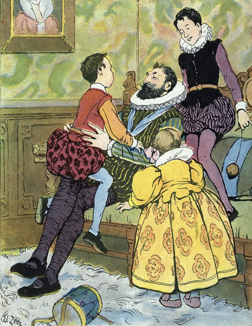 Kungen av Frankrike Henri IV leker med sina barn (1553-1610) Illustration av Edouard Zier i "Nos-Gloriers-Nationales"" 1920 Collection privee av Edouard Francois Zier