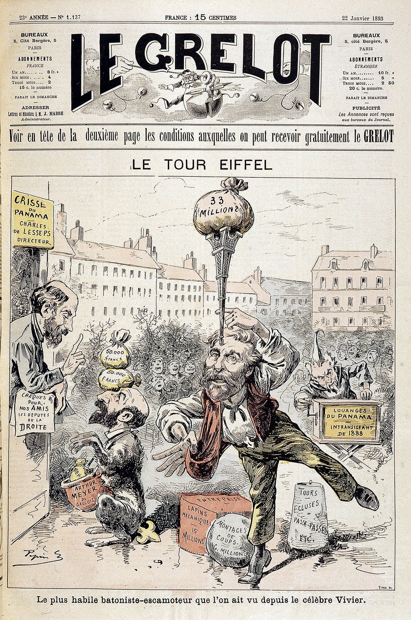 Tecknad film om finansiella skandaler "" Eiffeltornet: den skickligaste batonisten - retractor sett sedan den berömda Vivier"". Omslag "" Le Grelot"" från 22 januari av Edouard Guillaumin Pepin