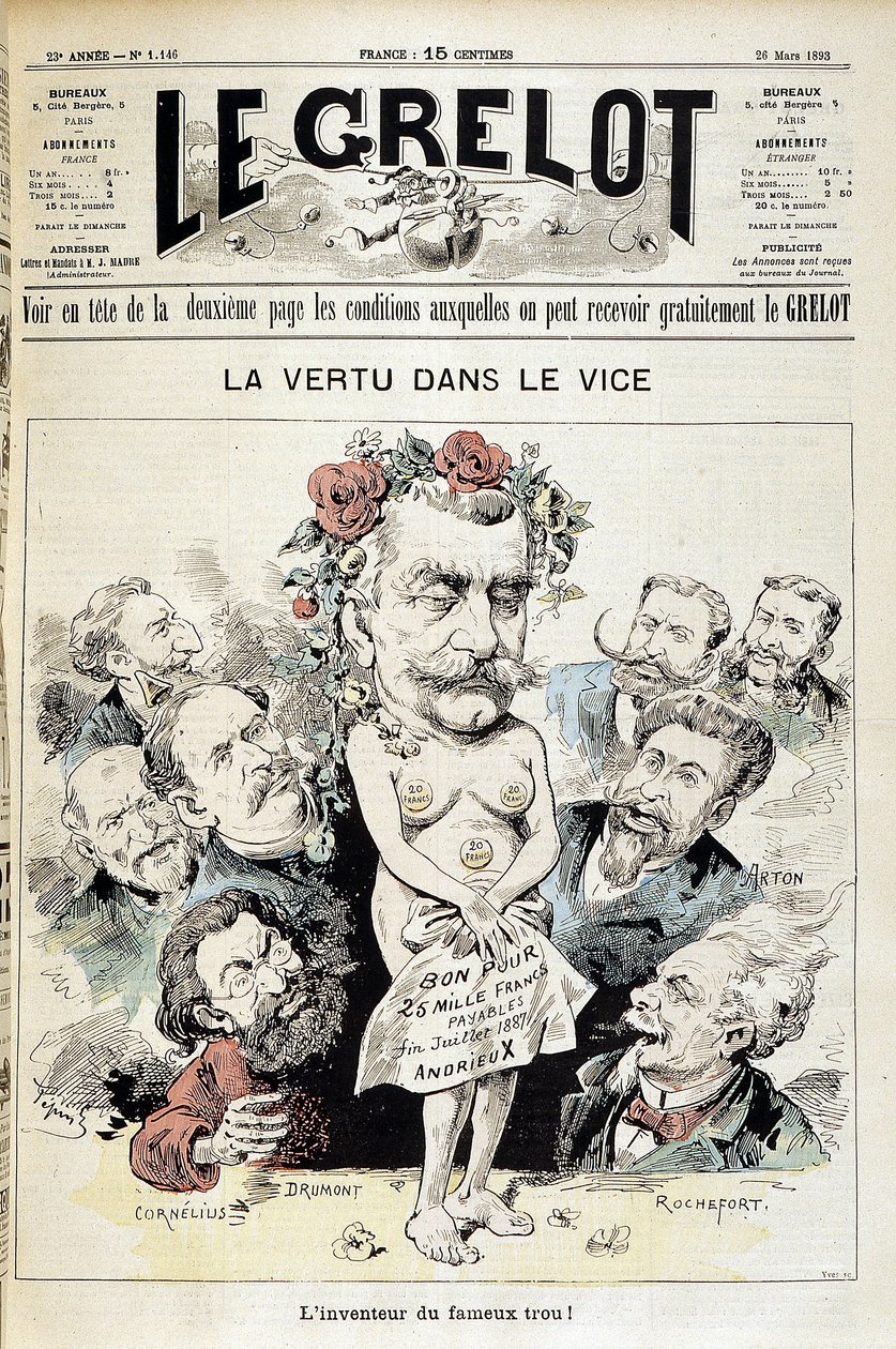 Tecknad film om Panama-skandalen: "Dygd i lasten: uppfinnaren av det berömda hålet!" - Couv. "Le Grelot" den 26 mars av Edouard Guillaumin Pepin