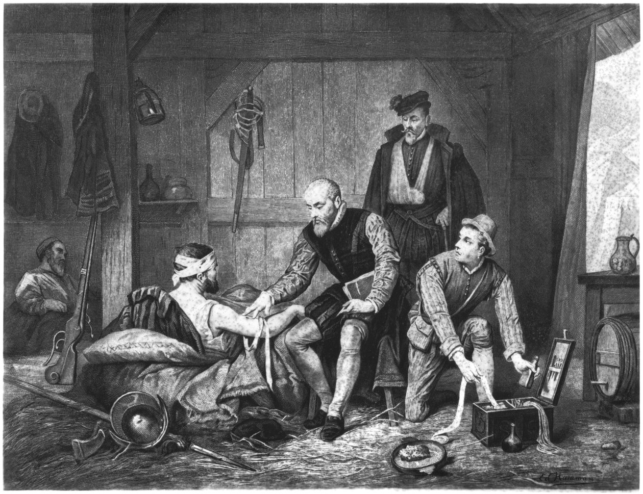 Ambroise Pare behandlar skadade soldater av Edouard Jean Conrad Hamman
