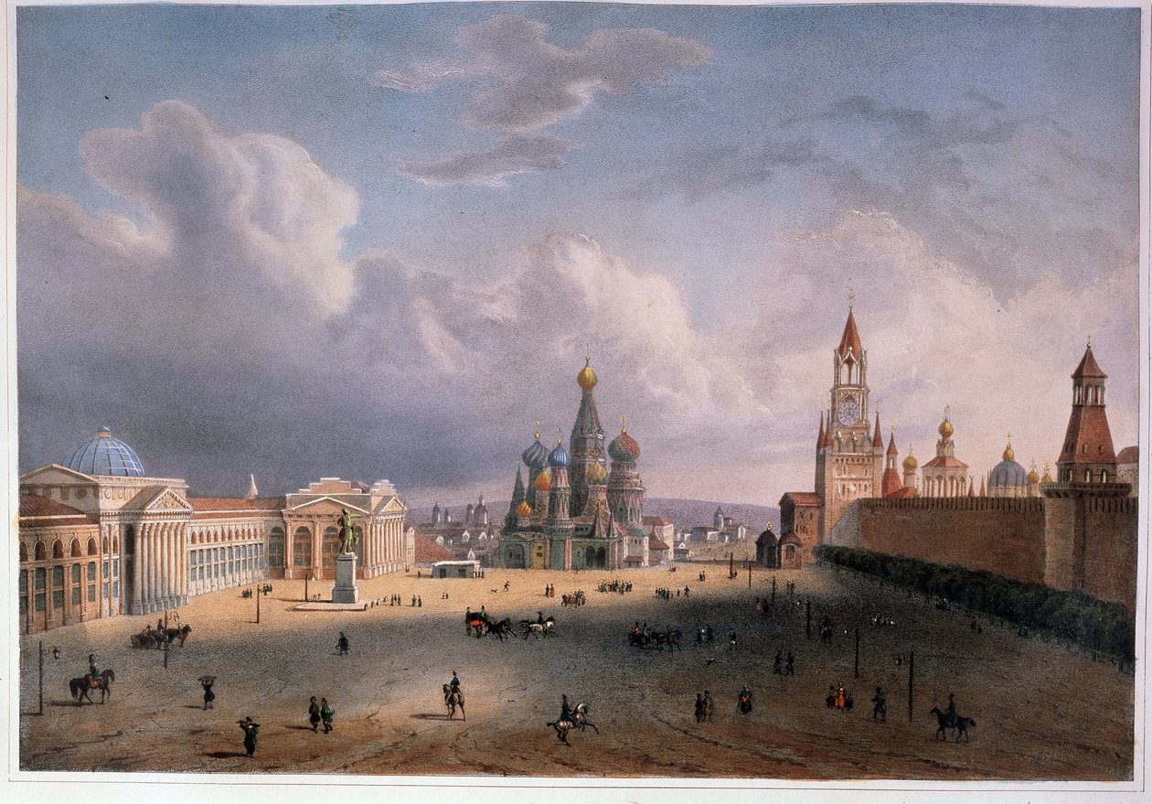 Utsikt över Röda torget i Moskva (Ryssland). Verk av Edouard Jean Marie Hostein (1804-1889), litografi färgad i akvarell, cirka 1830, fransk konst från 1800-talet. A. Pushkin Memorial Museum, Sankt Petersburg. av Edouard Jean Marie Hostein