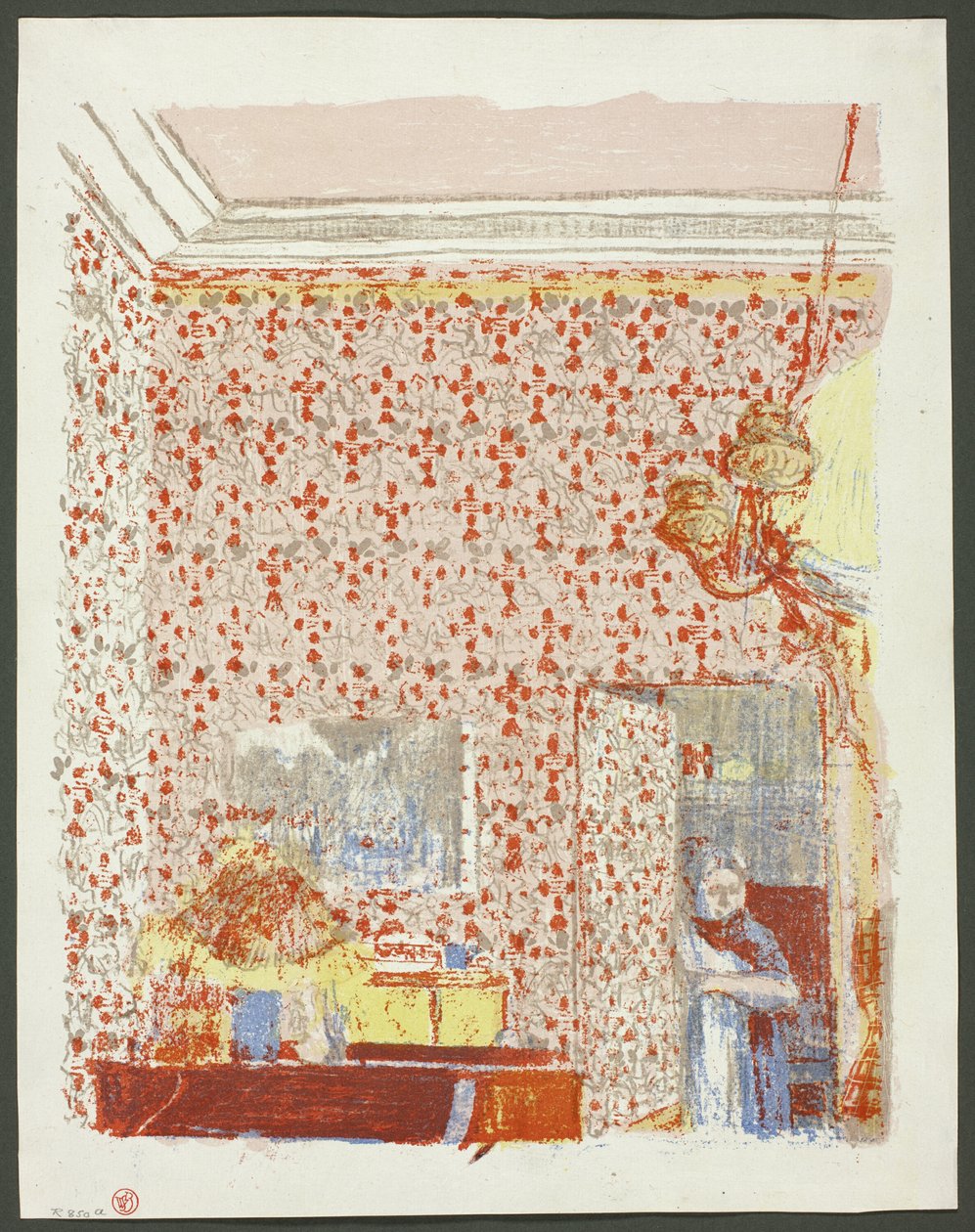 Interiör med rosa tapet I, plansch fem från Landscapes and Interiors av Édouard Jean Vuillard