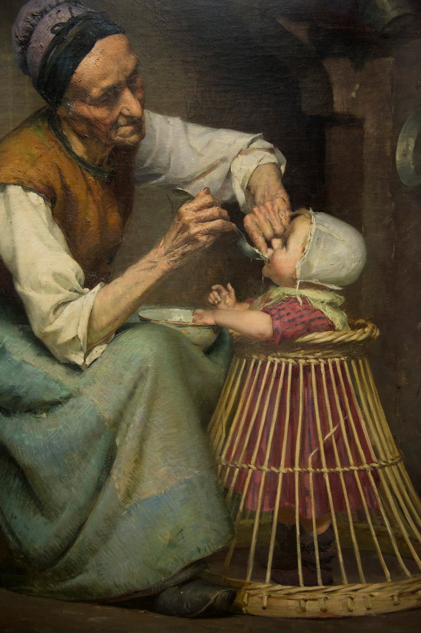 En gammal kvinna matar sitt barnbarn i en flätad gåstol av Edouard Jerome Paupion av Edouard Jerome Paupion