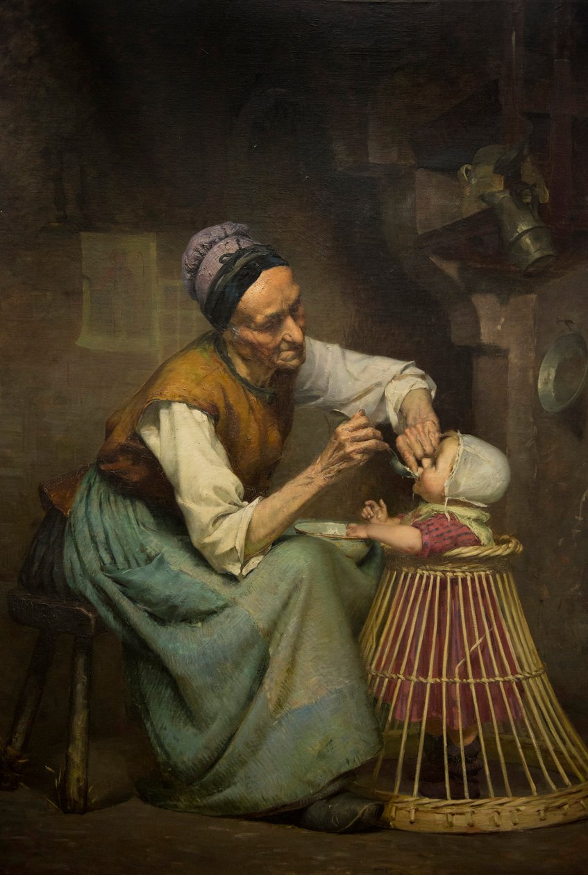 En gammal kvinna matar sitt barnbarn i en flätad gåstol av Edouard Jerome Paupion av Edouard Jerome Paupion
