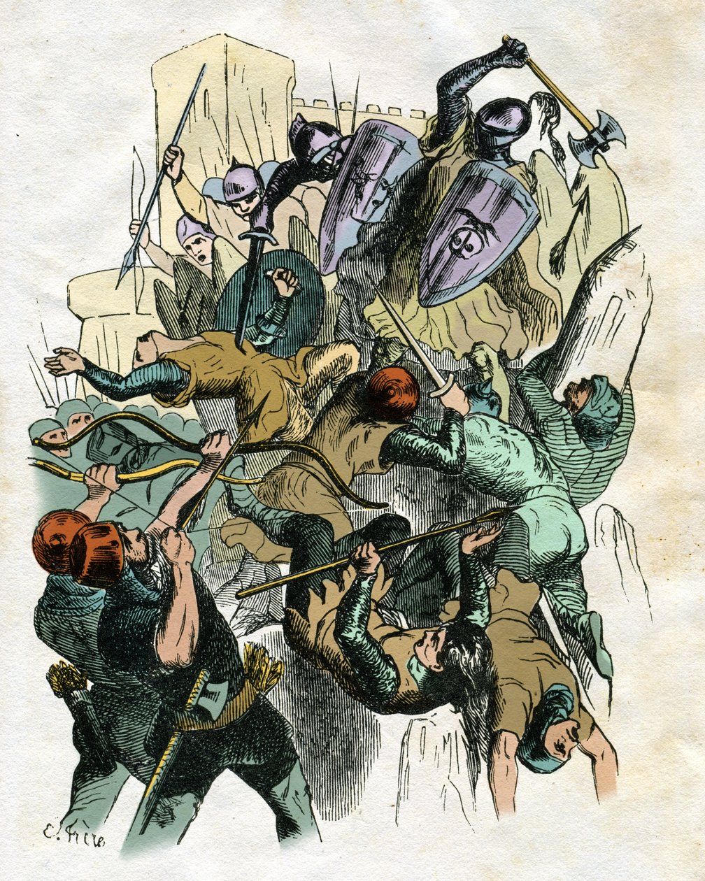 Illustration av Edouard Frere (1797-1874) och Theodore Lix (1830-1897) till "" Ivanhoe "" av Walter Scott (1771-1832), skotsk författare: Stridsscen, belägringen av slottet. av Edouard & Lix Theodore (1830-1897) Frere