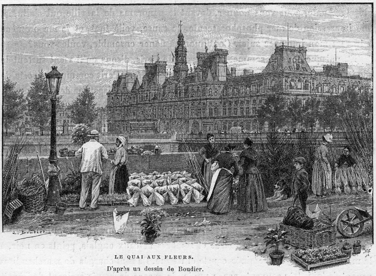 Parisisk scen på 1800-talet: blomsterhandlare på blomsterkajen på Ile de la Cite. På baksidan, Paris stadshus. Gravyr i slutet av 1800-talet efter teckning av Boudier I ”Världens huvudstäder: Paris””. av Edouard Louis Boudier