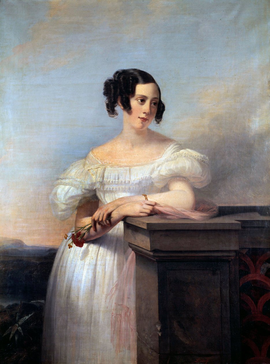 Porträtt av en flicka med nejlikamålningen av Edouard Louis Dubufe (1820-1883) 1800-talets Rouen, Musee des Beaux Arts av Edouard Louis Dubufe