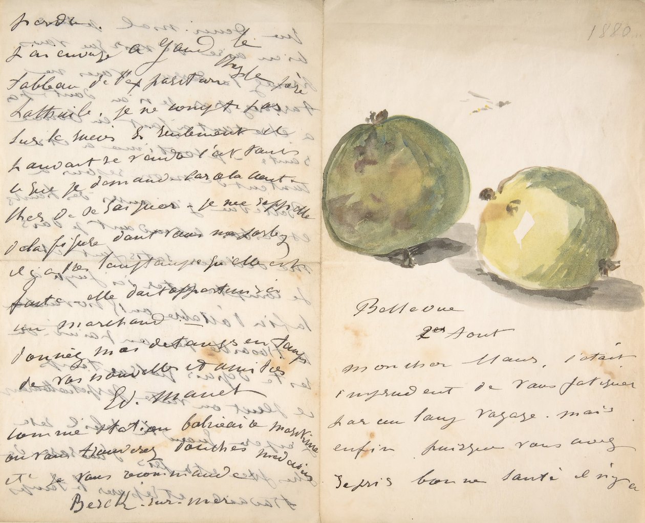 Ett brev till Eugène Maus, dekorerat med två äpplen, 2 augusti 1880. av Édouard Manet