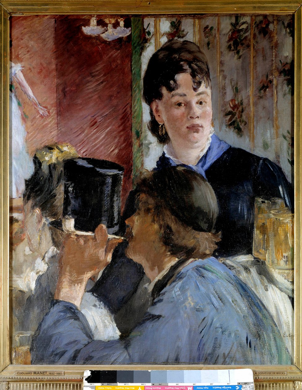 En ung kvinna serverar öl till eleganta och populära gäster. Målning av Edouard Manet (1832-1883) 1878 Sön. 0,77x0,65 m Paris, musee d