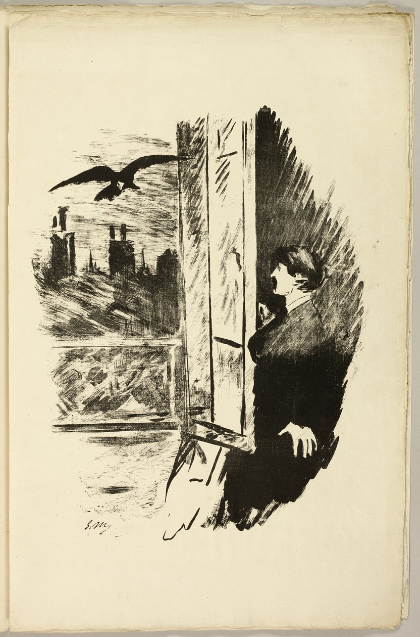 Vid fönstret ("Öppna här slängde jag luckan..."), från The Raven (Le Corbeau) av Édouard Manet