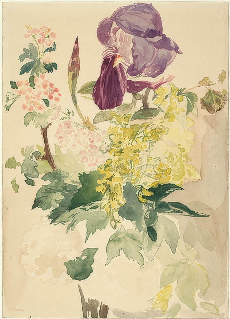 Blombit med iris, laburnum och pelargon. 1880 av Édouard Manet