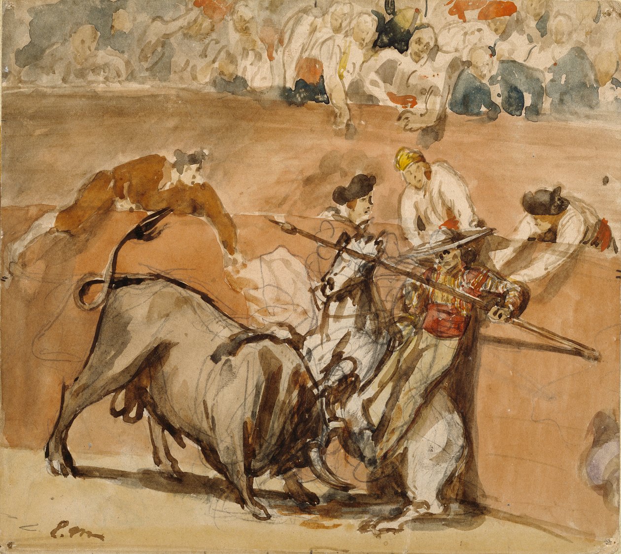Tjurfäktning, 1865 (akvarell över grafit) av Édouard Manet