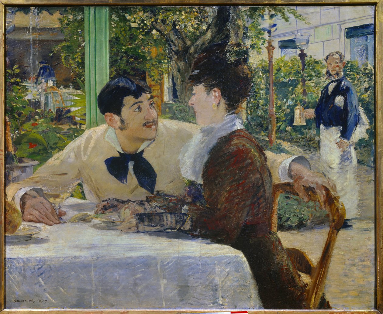 Fader Lathuilles. Utomhus Ett par som dricker ett glas champagne på terrassen på en utomhusrestaurang nära Place de Clichy i Paris (Montmartre). Målning av Edouard Manet (1832-1883) 1879 Tournai. Museum of Fine Arts av Édouard Manet