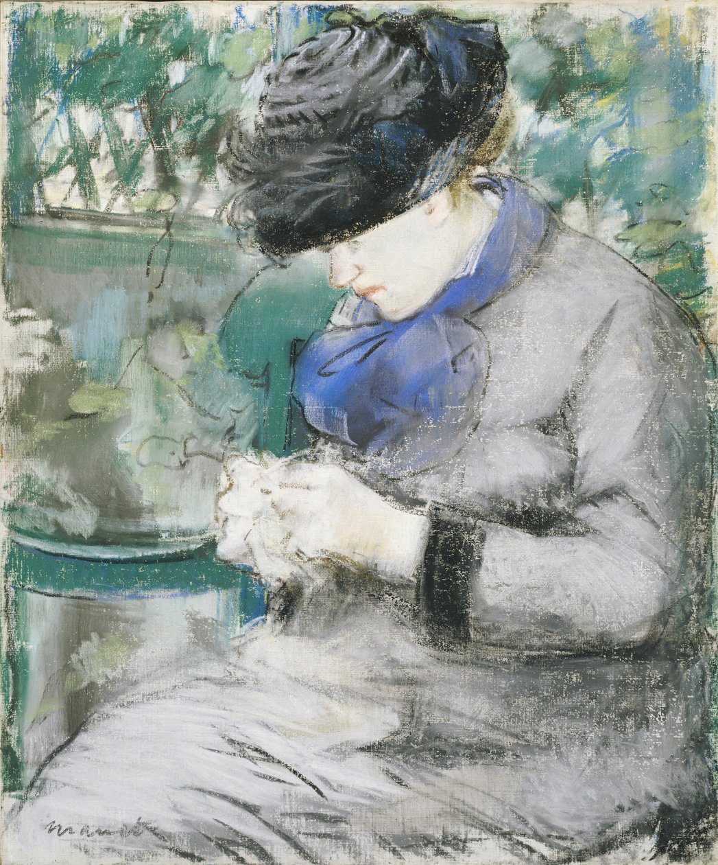 Flicka som sitter i trädgården, eller stickning, 1879 av Édouard Manet