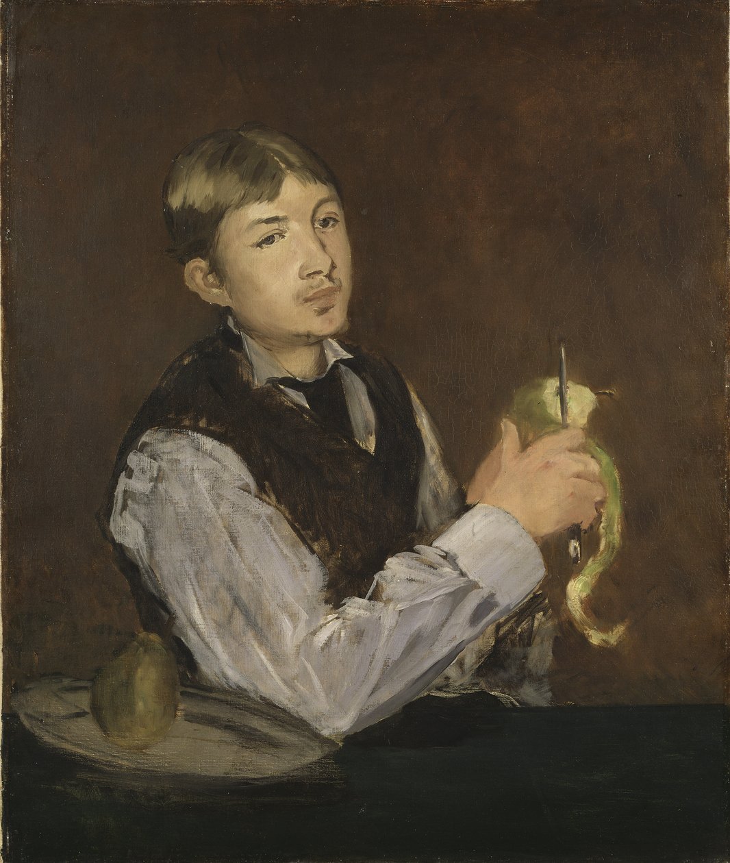Ung man som skalar ett äpple - Ung pojke som skalar ett päron, av Manet, Edouard (1832-1883). Olja på duk. Mått: 85x71cm. Nationalmuseum Stockholm av Édouard Manet