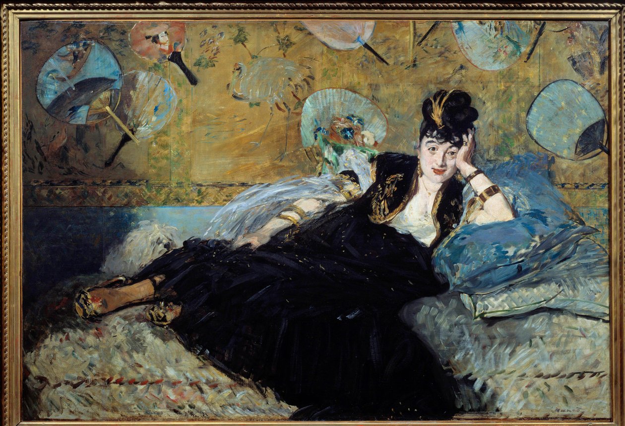 La dame aux eventtails ou “” Porträtt av Nina de Callias (1844-1884) eller Nina de Villard”” Hon höll en mycket berömd salong i slutet av 1800-talet. Målning av Edouard Manet (1832-1883) 1873 Sön. 1,13x1,66 m Paris, musee d