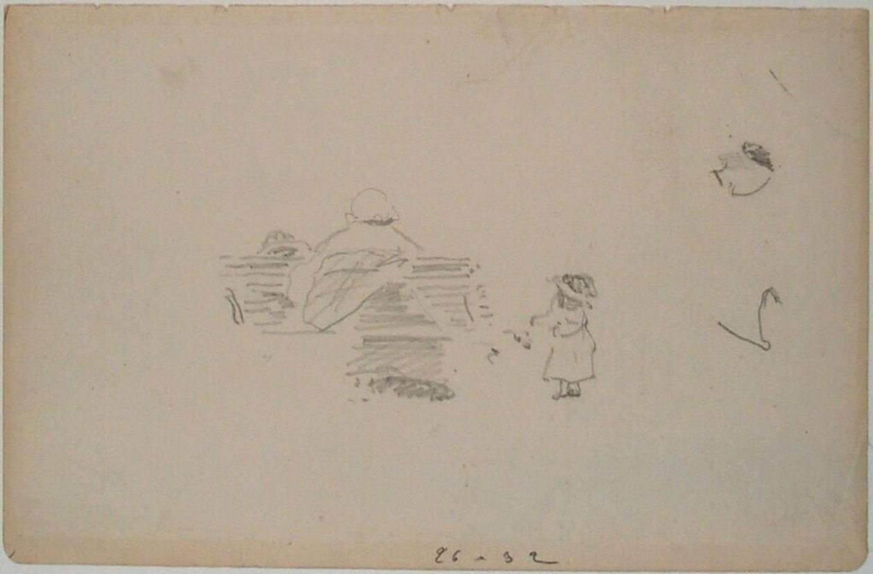 Manet - Skiss av en kvinna som sitter på en bänk och ett barn som står bredvid (blad ur en skissbok), ca 1864-1868 av Édouard Manet